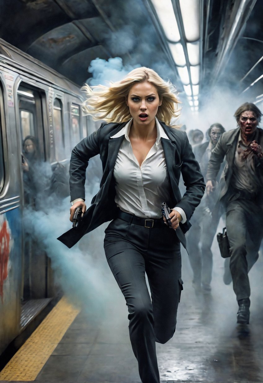 Complex horror film,  Beautiful blonde agent woman running with a gun on the American subway,  Thick smoke by Draqulore on...
