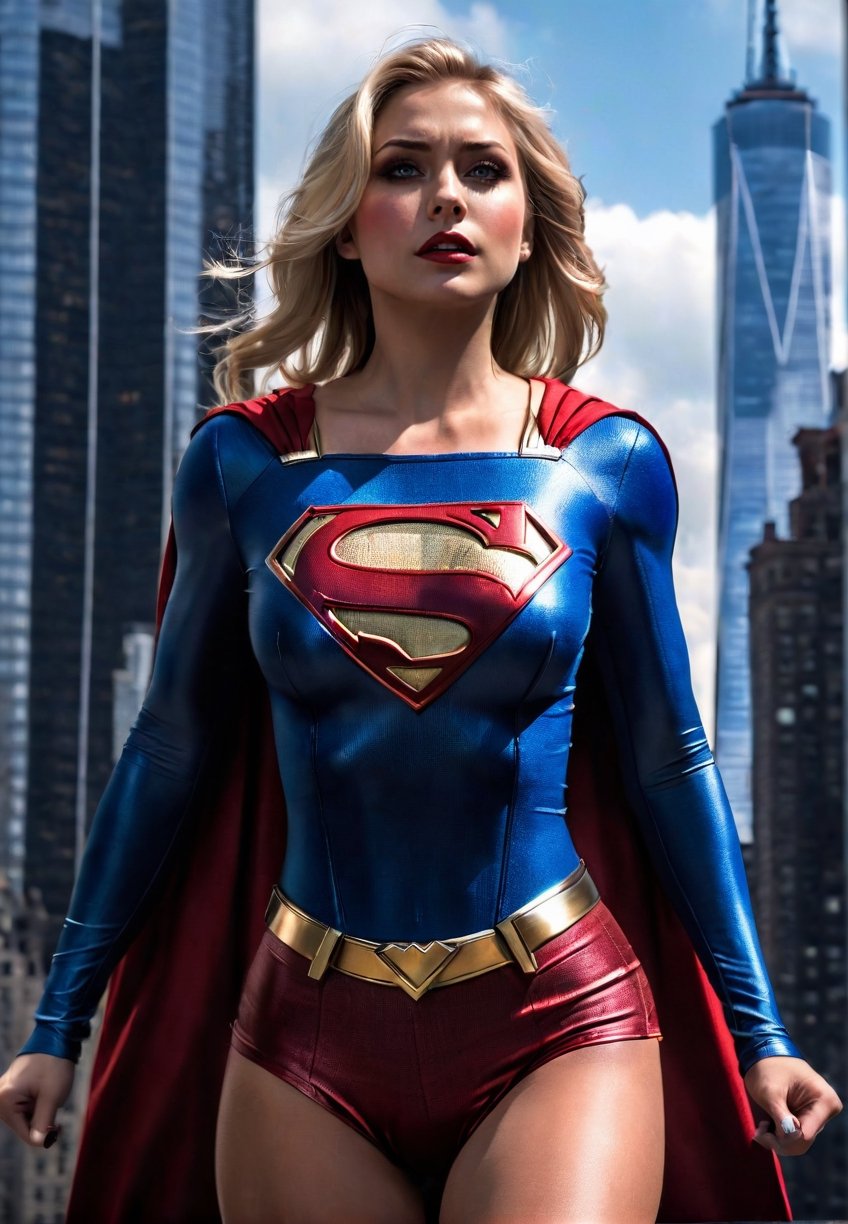 topless supergirl, dramatic angles and poses, few men stand watching her, realistic and detailed horror movie style, super realistic, new york skyscrapers, masterpiece,p3rfect boobs