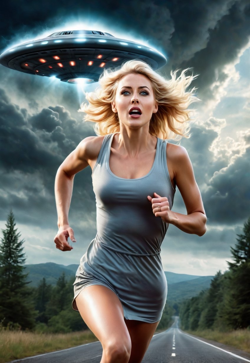2250s,  30 year old beautiful blonde British woman running away from being chased by a UFO,  eyes and mouth wide open in f...