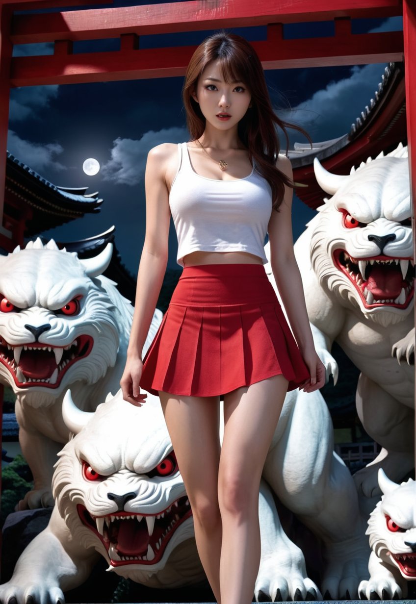 too many Japanese Yokai monsters attack a (white tank-top and red skirt)) white-skinned beautiful British woman, very small tits, ((she scream in fear)), wide-open eyes, barefoot, dramatic angles and poses, perfect female anatomy, realistic and detailed, horror movie Style, full-moon midnight of Japanese shrine, super realistic, masterpiece,