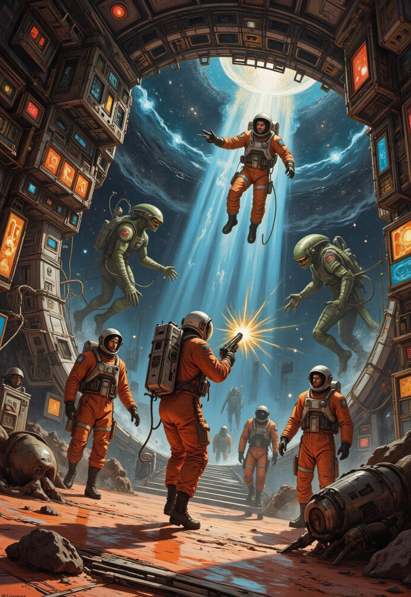 (vintage sci-fi horror film),  ((a male astronaut fights with a ray gun against the evil aliens who have invaded the space...
