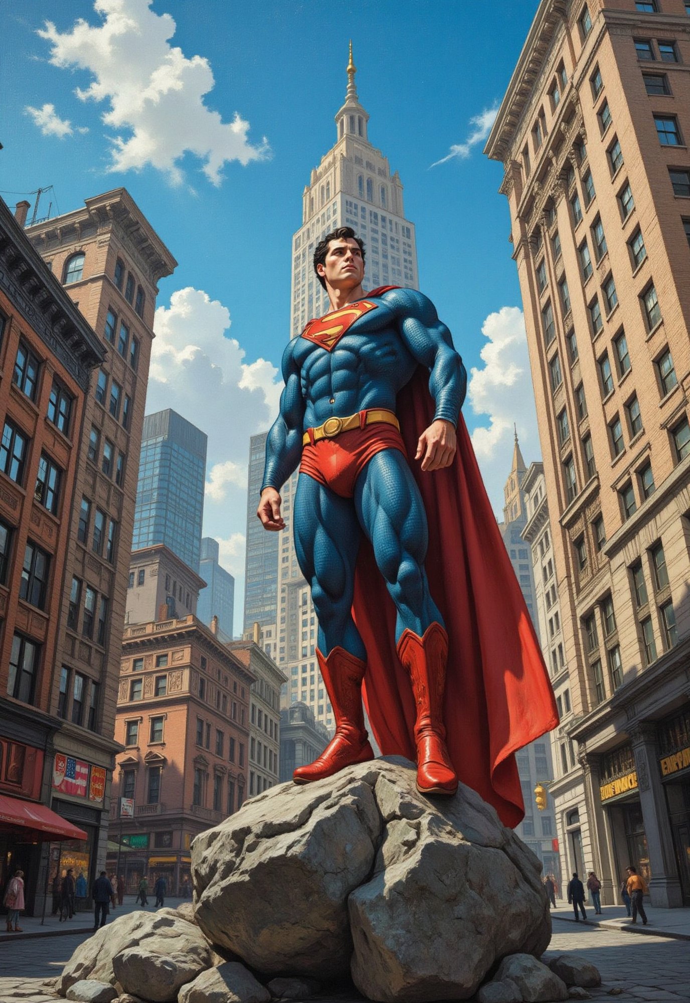 (vintage superhero movie),  ((Superman lstanding in the daylight sky)),  New York City by Draqulore on Tensor.Art