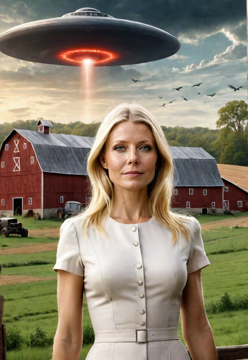 1930s,  a Gwyneth Paltrow stands on a farm site with a creepy barn (in full view of the landscape),  (highly detailed HD)...