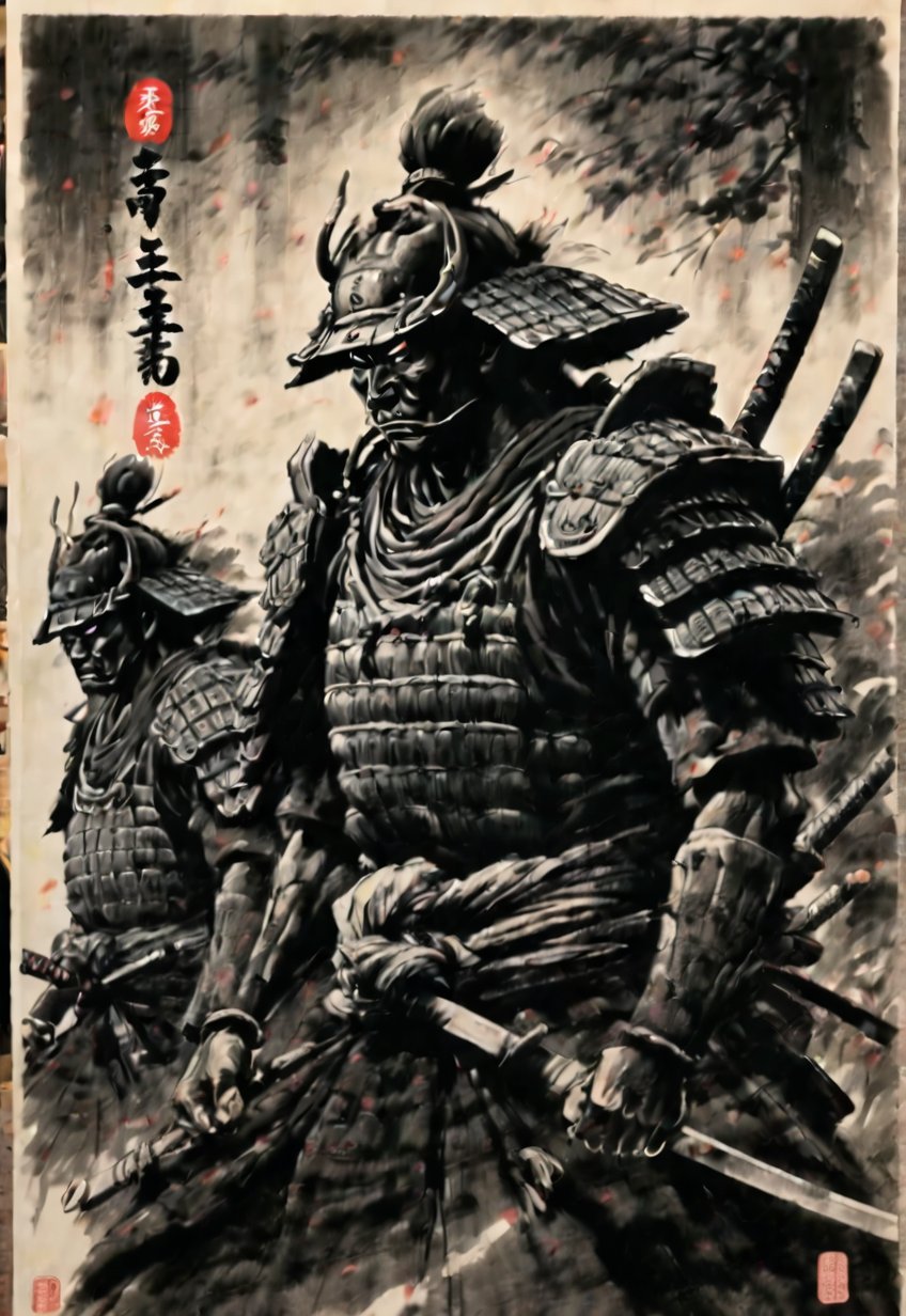 ((Seven Japanese samurai standing side by side in the wilderness)), no armor, ((front angle)), excellent image quality, exquisite detail, charcoal drawing, charcoal, popular Japanese action manga, ink painting, Japanese plains, holding swords, glowing eyes, fearless heroism, warriors