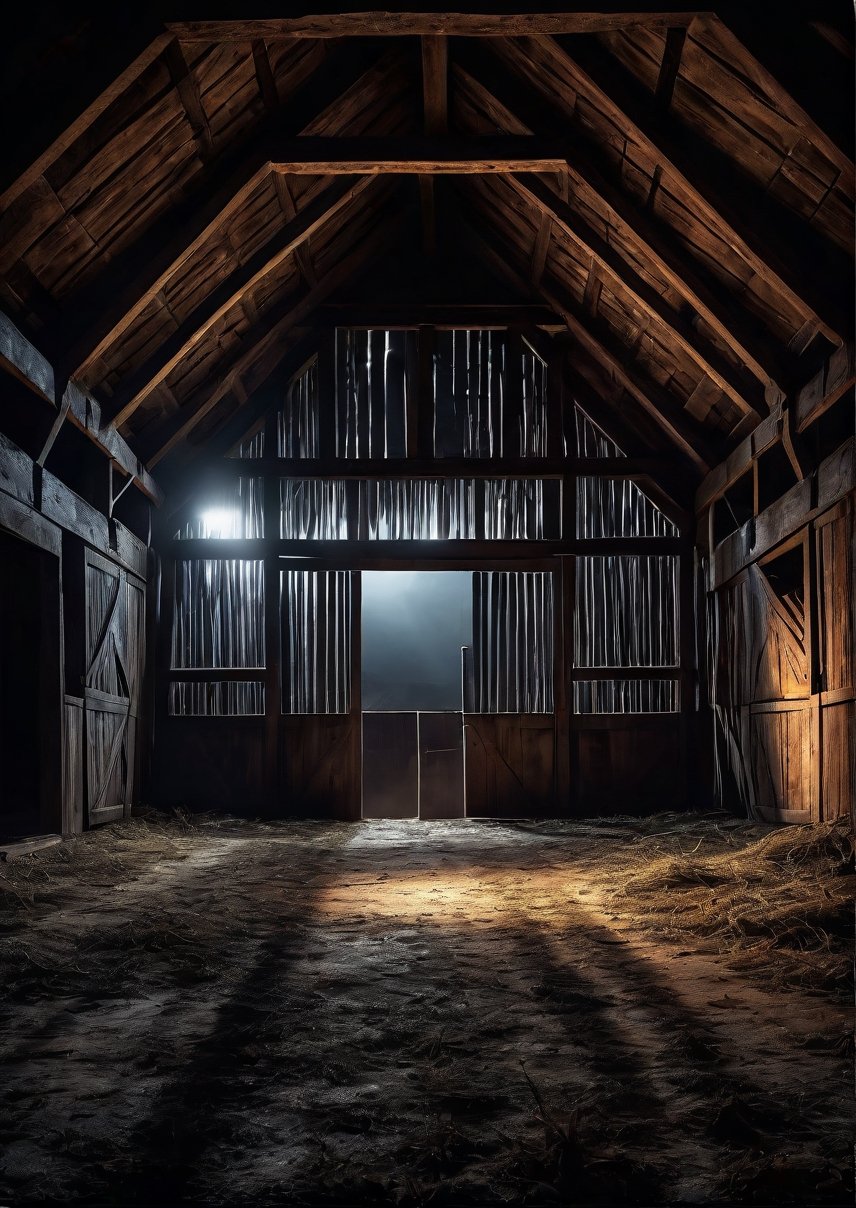 Landscape,  creepy and closed small barn interior at night,  dramatic angles by Draqulore on Tensor.Art