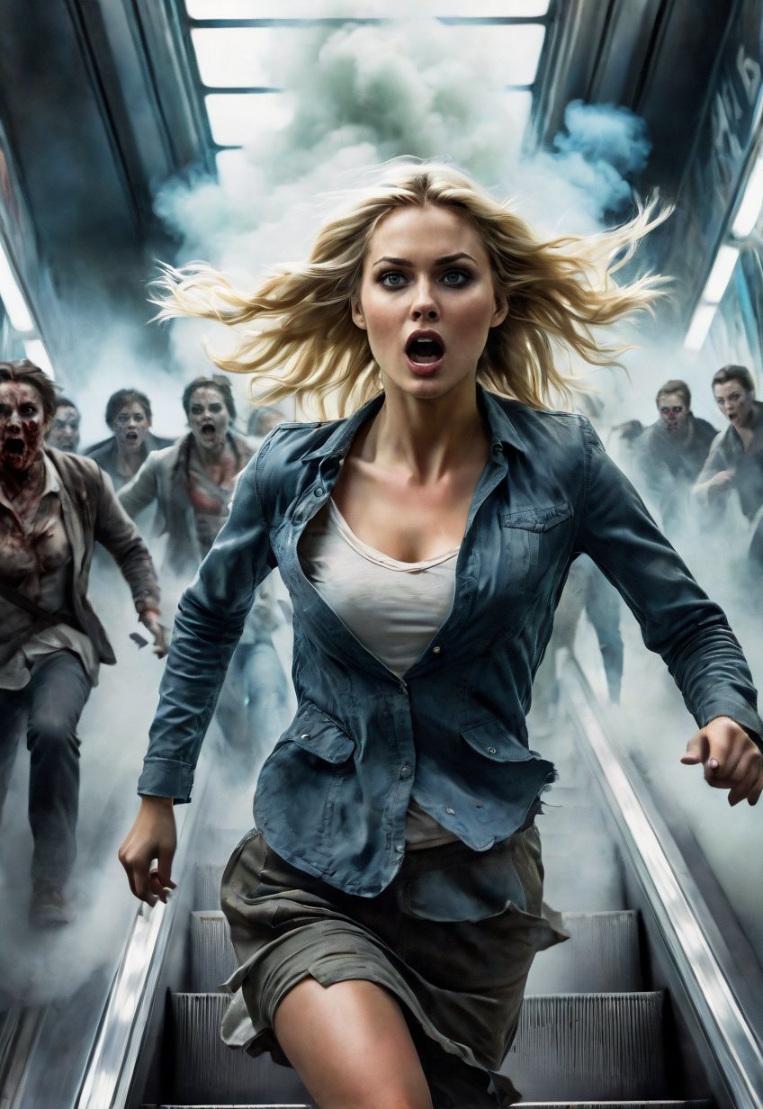 Complex horror movie,  Beautiful blonde j American woman running away up an escalator in the American subway,  Thick smoke...