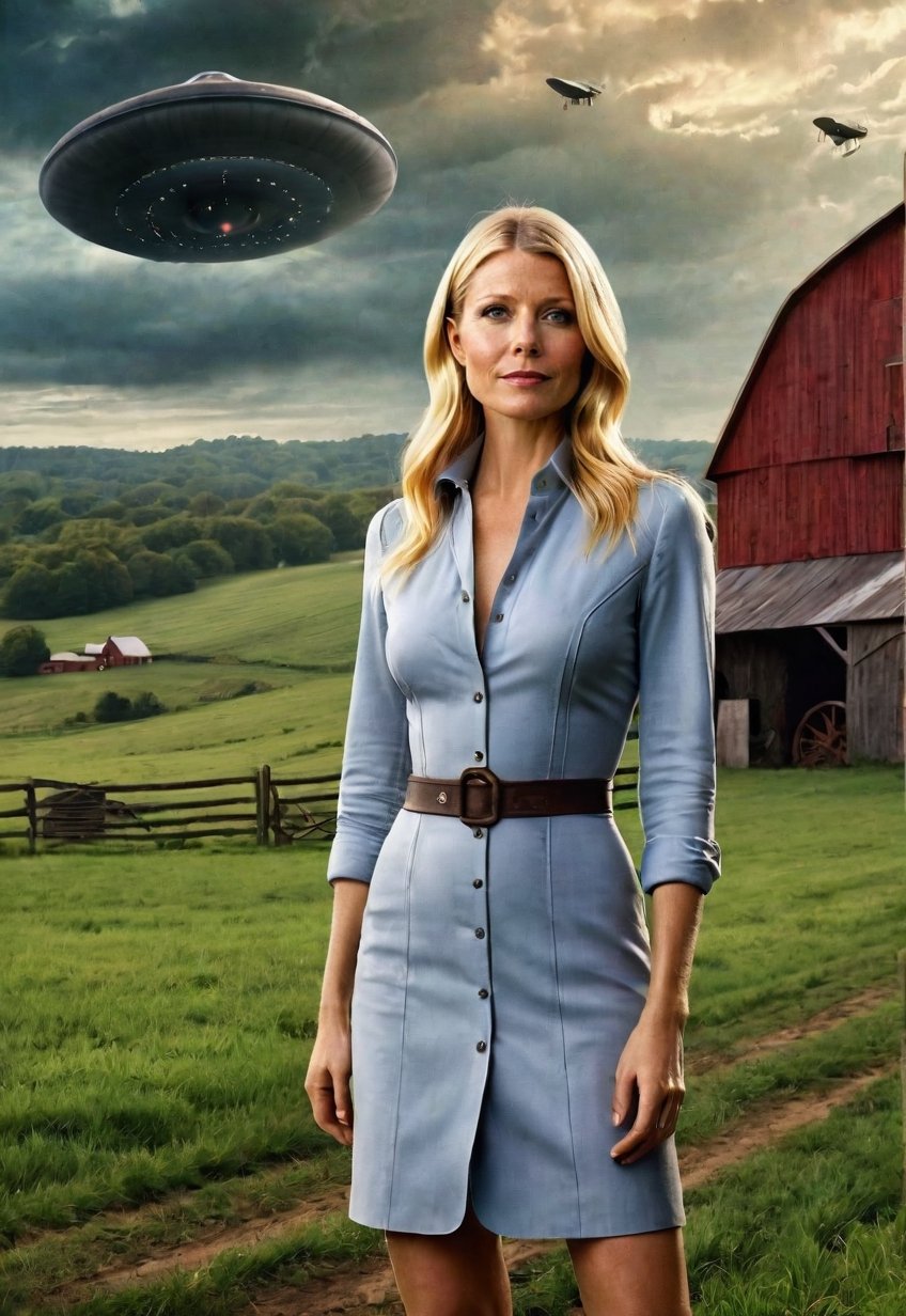 1930s,  a Gwyneth Paltrow stands on a farm site with a creepy barn (in full view of the landscape),  (highly detailed HD)...