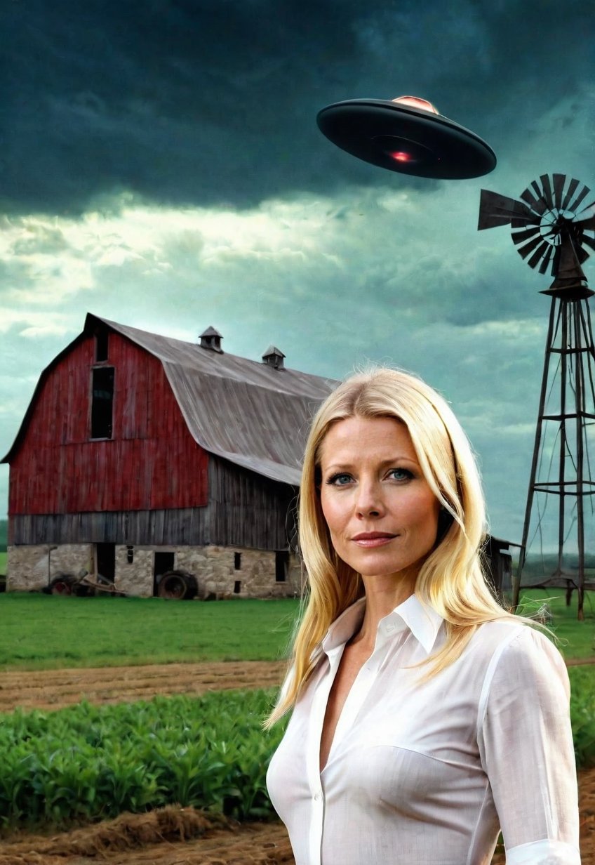 1930s,  a Gwyneth Paltrow stands on a farm site with a creepy barn (in full view of the landscape),  (highly detailed HD)...