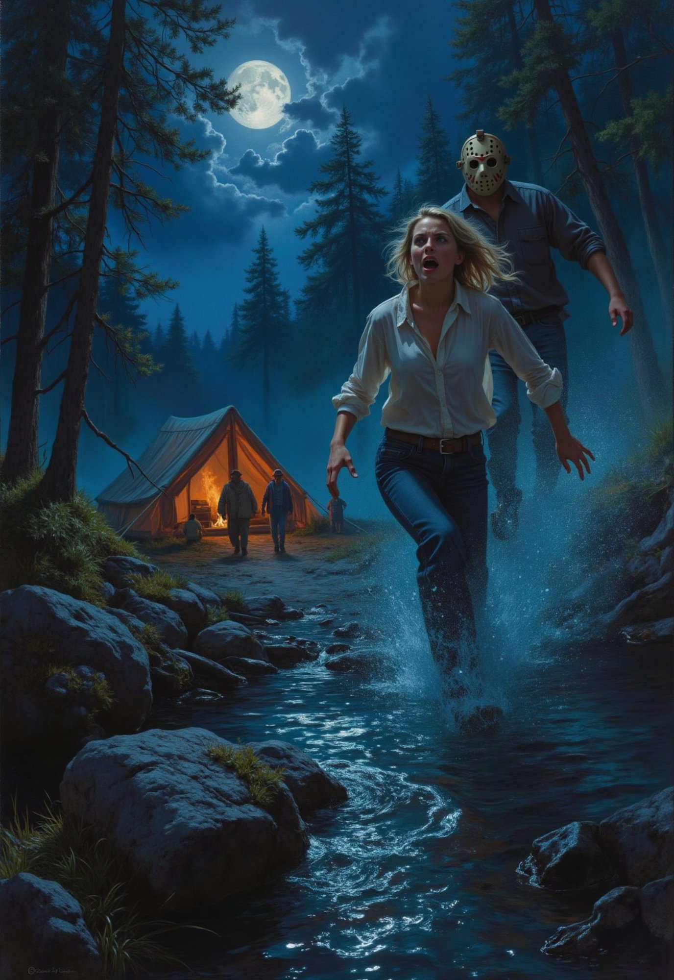 (vintage horror movie),  Friday the 13th,  ((hockey masked machete killer Jason Voorhees chases a blonde girl screaming in...