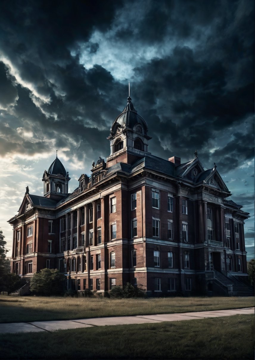 Landscape,  panoramic view,  creepy high school building by Draqulore on Tensor.Art