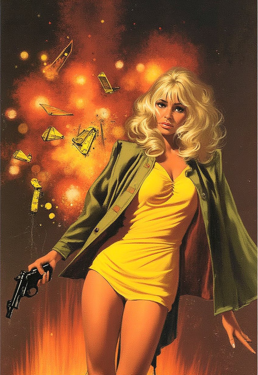 Pulp magazine cover featuring illustrator Robert McGinnis. A typical concept art pose of a 60's blonde woman in a suspenseful detective novel, doing dangerous scenes with cool, exhilarating, active, flashy explosions.PT[WPM]