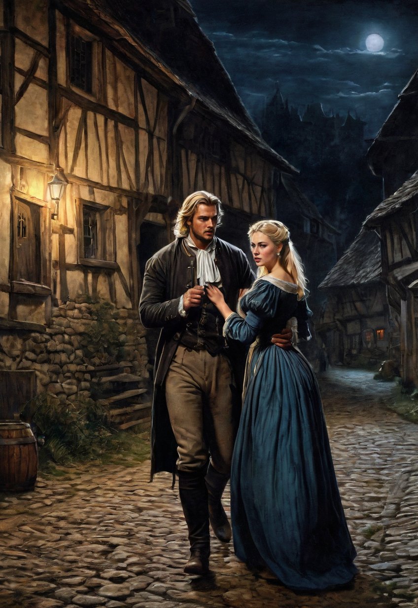 medieval europe,  once upon a time,  in a nighttime street by Draqulore on Tensor.Art