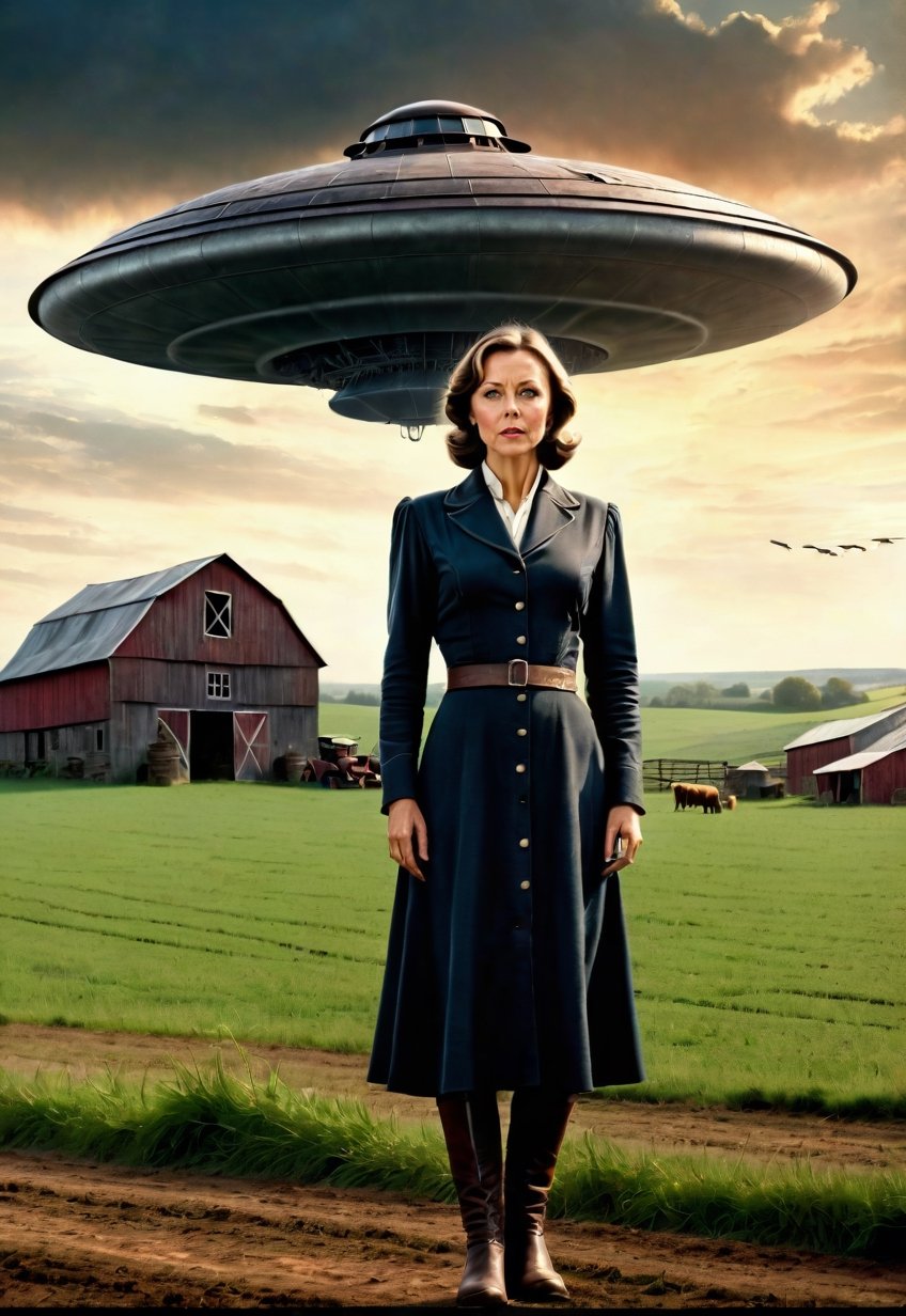 1930s,  a Jenny Agutter stands on a farm site with a creepy barn (in full view of the landscape),  (highly detailed HD) by...