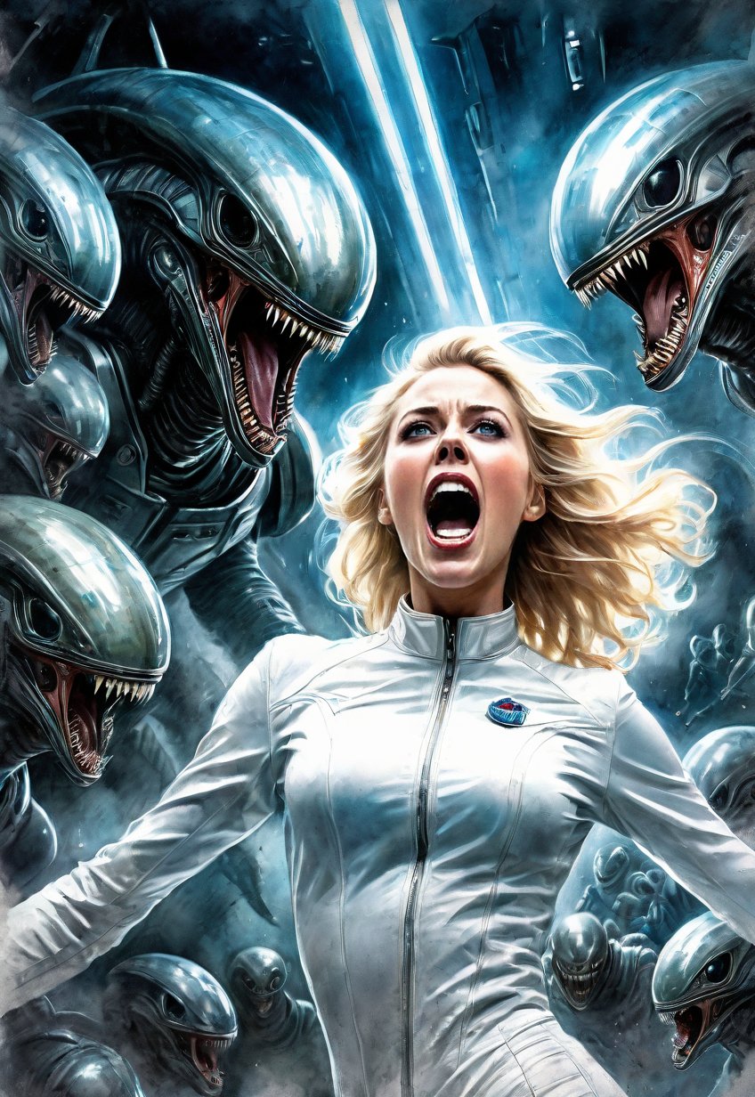 Complex sci-fi horror film,  beautiful blonde American woman attacked by creepy aliens in a spaceship,  (screams in fear)...