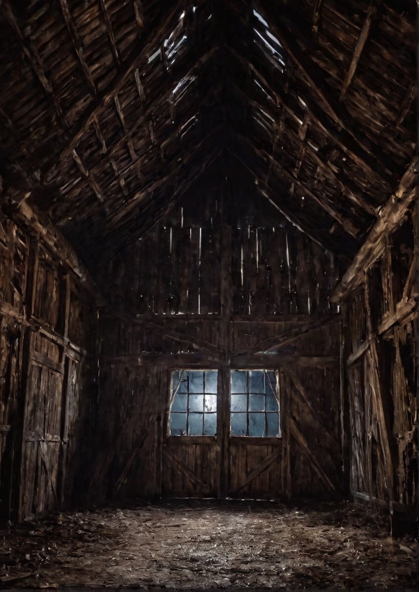 Landscape,  creepy and closed small barn interior at night,  dramatic angles by Draqulore on Tensor.Art