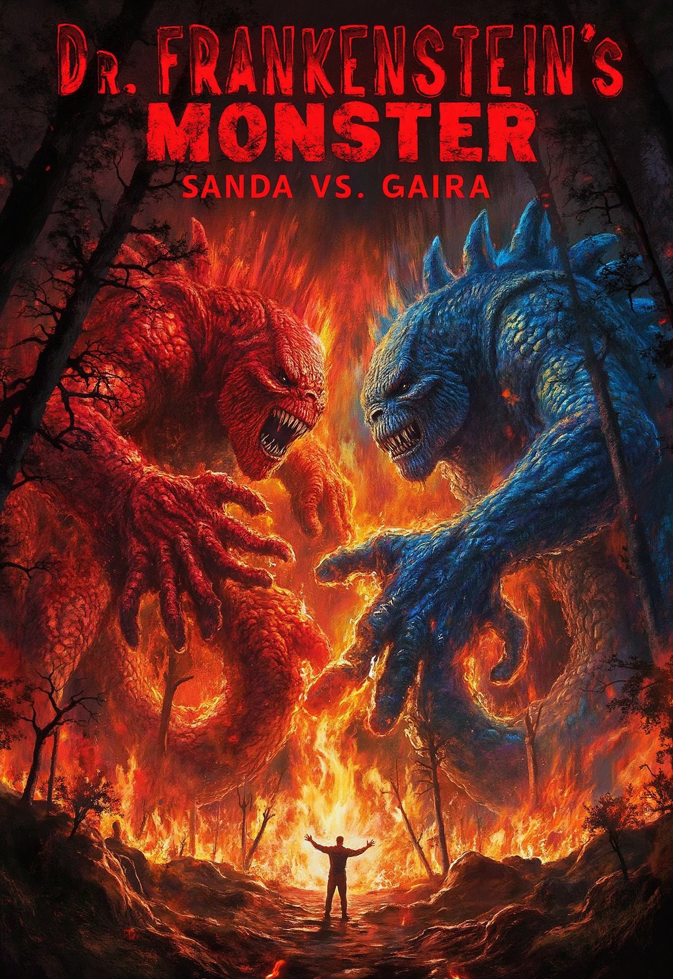 (horror movie poster), (big title, Dr. Frankenstein's monster: Sanda vs. Gaira), (scene of two monsters fighting in a forest burning with tremendous flames: 2.0), (main image, two huge humanoid monsters (Sanda with red body and Gaira with blue body) fighting in a forest fire: 2.0)), (realistic style: 2.0), ((the male and female chemists who created them overlap at the bottom)), realistic details, horror movie, surreal, masterpiece