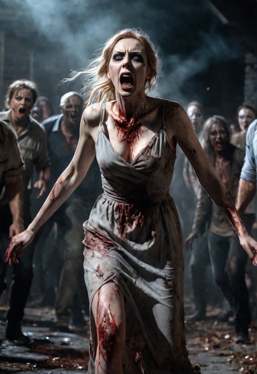 ((full body angle)), few ugly men attack a  beautiful very pale skin zombie British woman, she screams in fear and big wide open eyes, dramatic angles and poses, perfect female anatomy, realistic and detailed, horror movie style, super realistic, masterpiece,