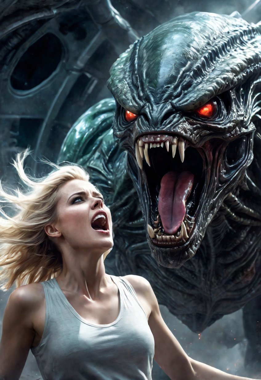 Complex sci-fi horror film,  Beautiful blonde American woman is attacked by creepy alien monster inside a planetary base,...