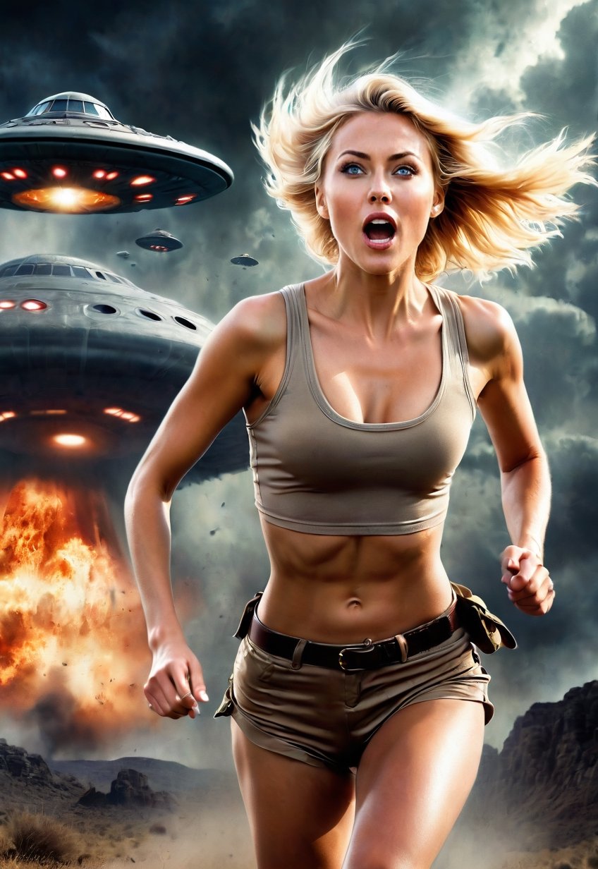 30 year old topless beautiful blonde British female explorer running away from being chased by a UFO,  eyes and mouth wide...