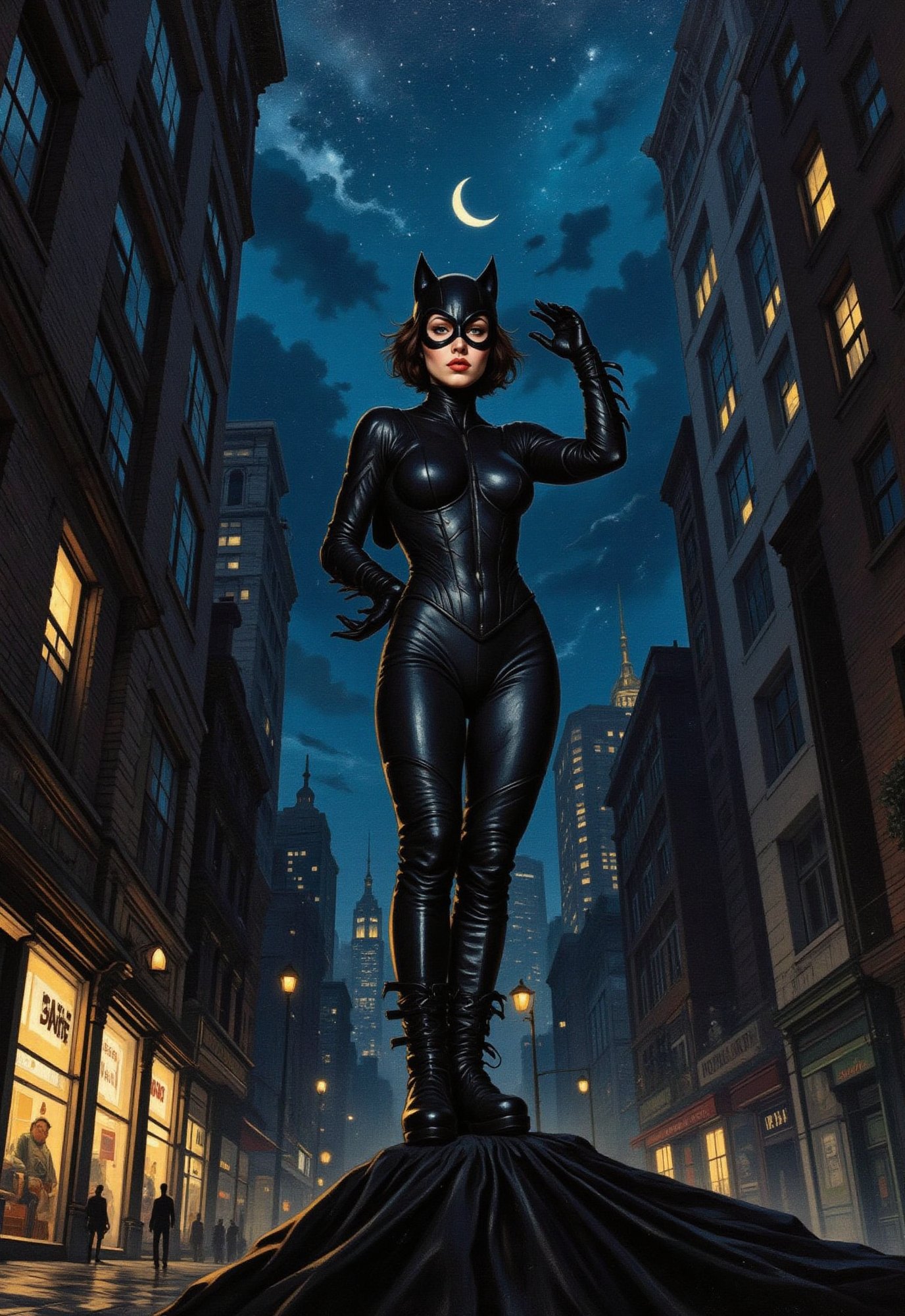 (vintage superhero movie),  ((Catwoman standing in the spooky night sky)),  no mant by Draqulore on Tensor.Art
