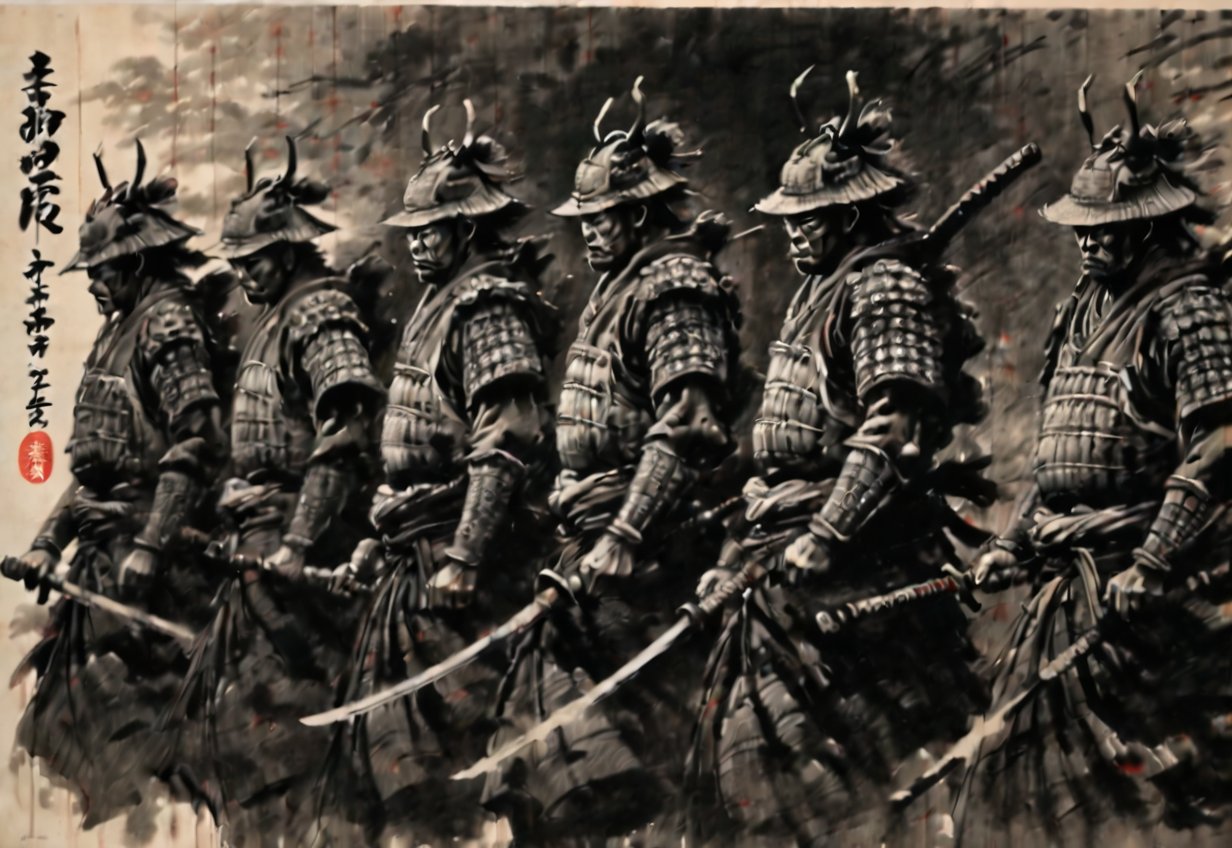 ((Seven Japanese samurai standing side by side in the wilderness)), no armor, ((front angle)), excellent image quality, exquisite detail, charcoal drawing, charcoal, popular Japanese action manga, ink painting, Japanese plains, holding swords, glowing eyes, fearless heroism, warriors