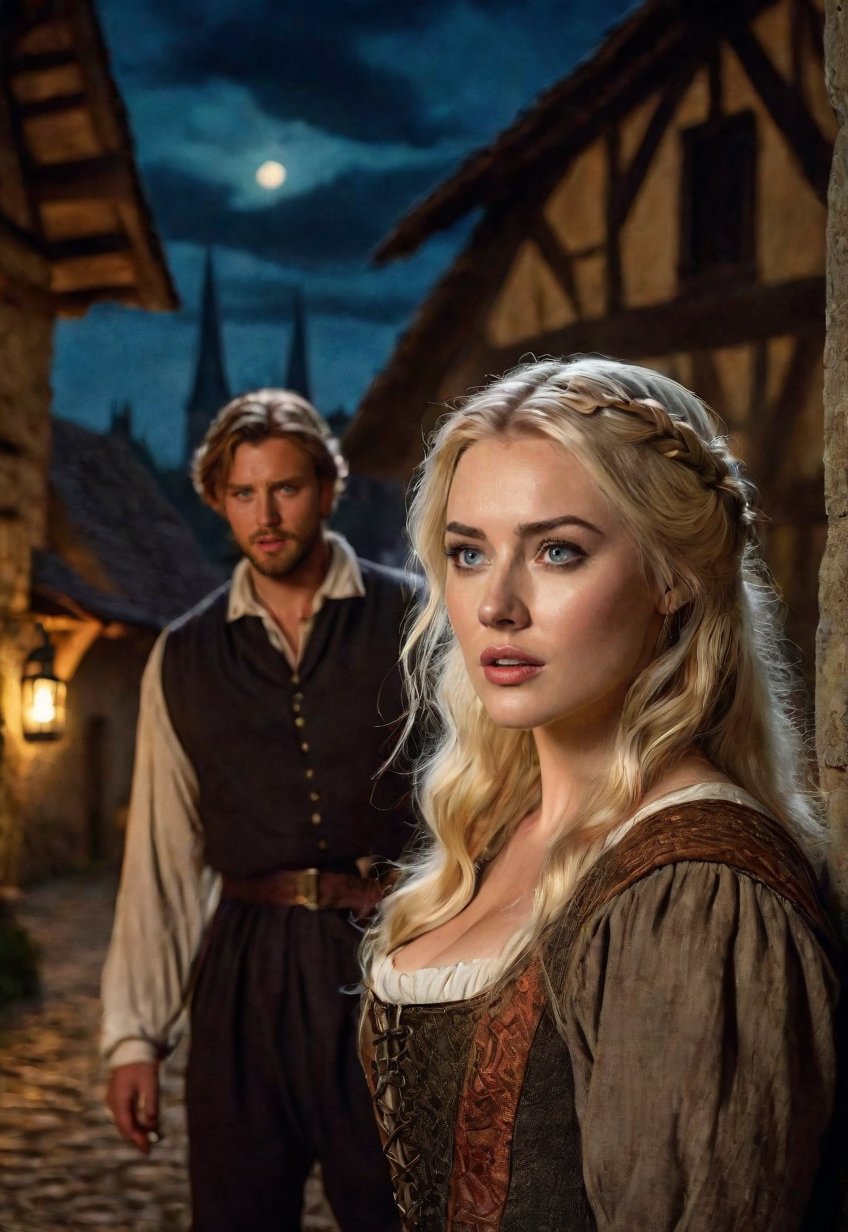 medieval europe,  in a nighttime street,  a beautiful blonde English woman talking a man by Draqulore on Tensor.Art