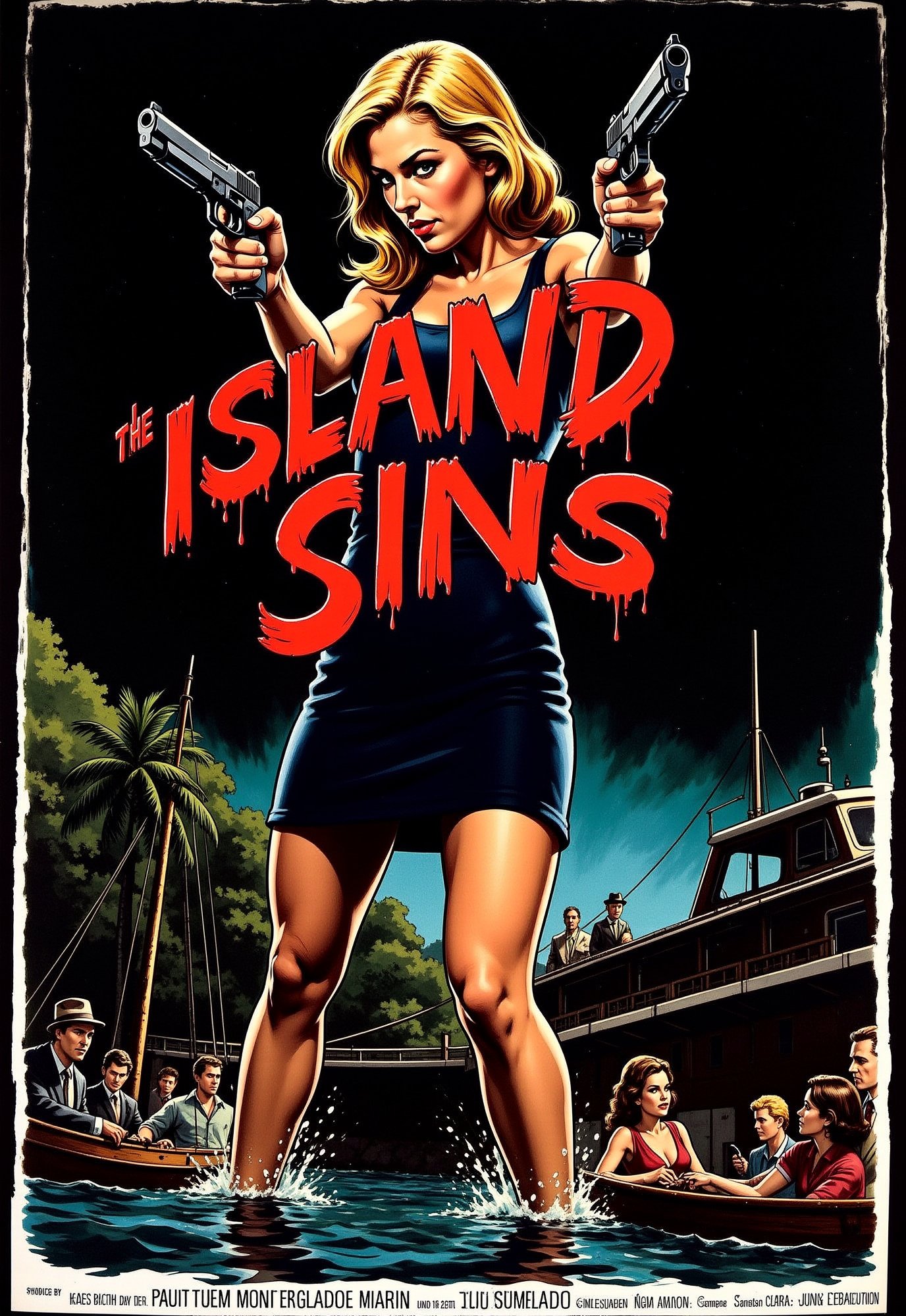 (action movie poster: 1.3), (big title, Island Sins, Subtitles: 1.3), (Jean Adams: 1.3), (beautiful blonde Jean encounters a group of men attacking a frightened woman at night in the island's harbor, Jean shoots them dead with a handgun: 1.2), (creepy, shadow, gloomy, dark atmosphere: 1.1)