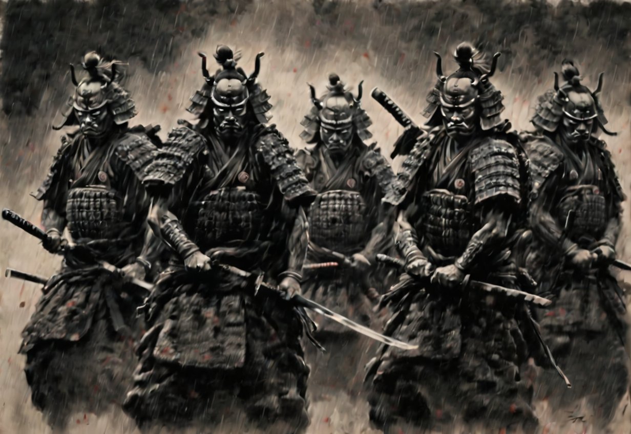 ((Seven Japanese Samurai Standing in a Row in the Wilderness)), no armor or masks, front angle, excellent image quality, exquisite details, charcoal drawing, charcoal, popular Japanese action manga, ink painting, pouring rain, Japanese plains, holding swords, shining eyes of justice, fearless heroism, warriors