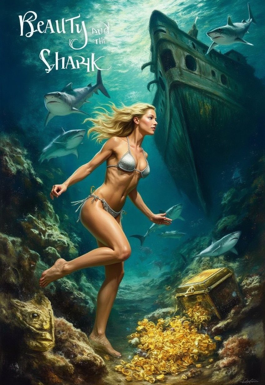 (modern adventure movie poster: 1.3), (big title, Beauty and the Shark Treasure, subtitles: 1.3), (Kathleen Bennett: 1.3), (main image, a beautiful blonde bikini woman explores the ocean floor. she finds a sunken ship filled with gold and silver treasure, but sharks are swarming all around: 1.2), A creepy sunken ship overlaps,pavsok Style