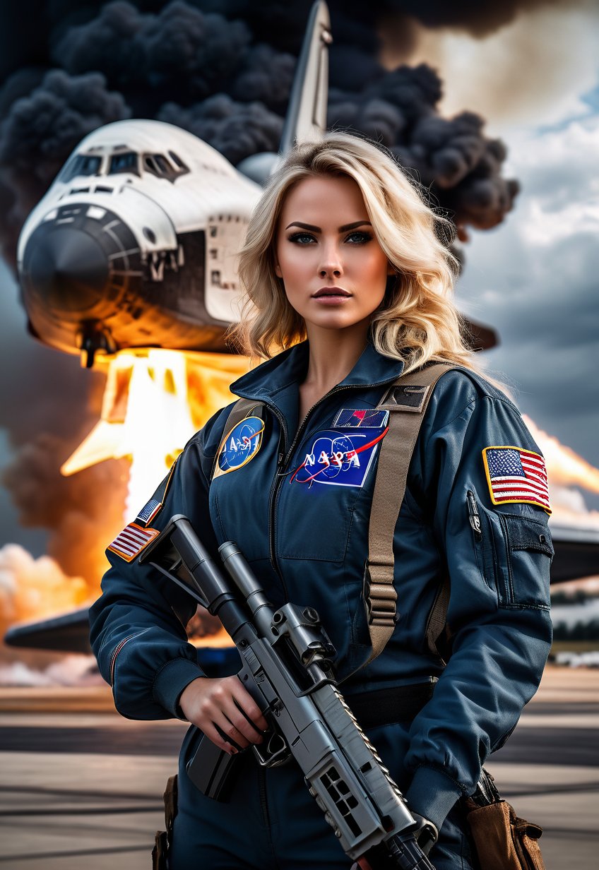 Beautiful American blonde woman with machine gun in hand, in front of burning American NASA space shuttle, ominous sky, dramatic angle, realistic and detailed horror movie style, surreal, masterpiece,