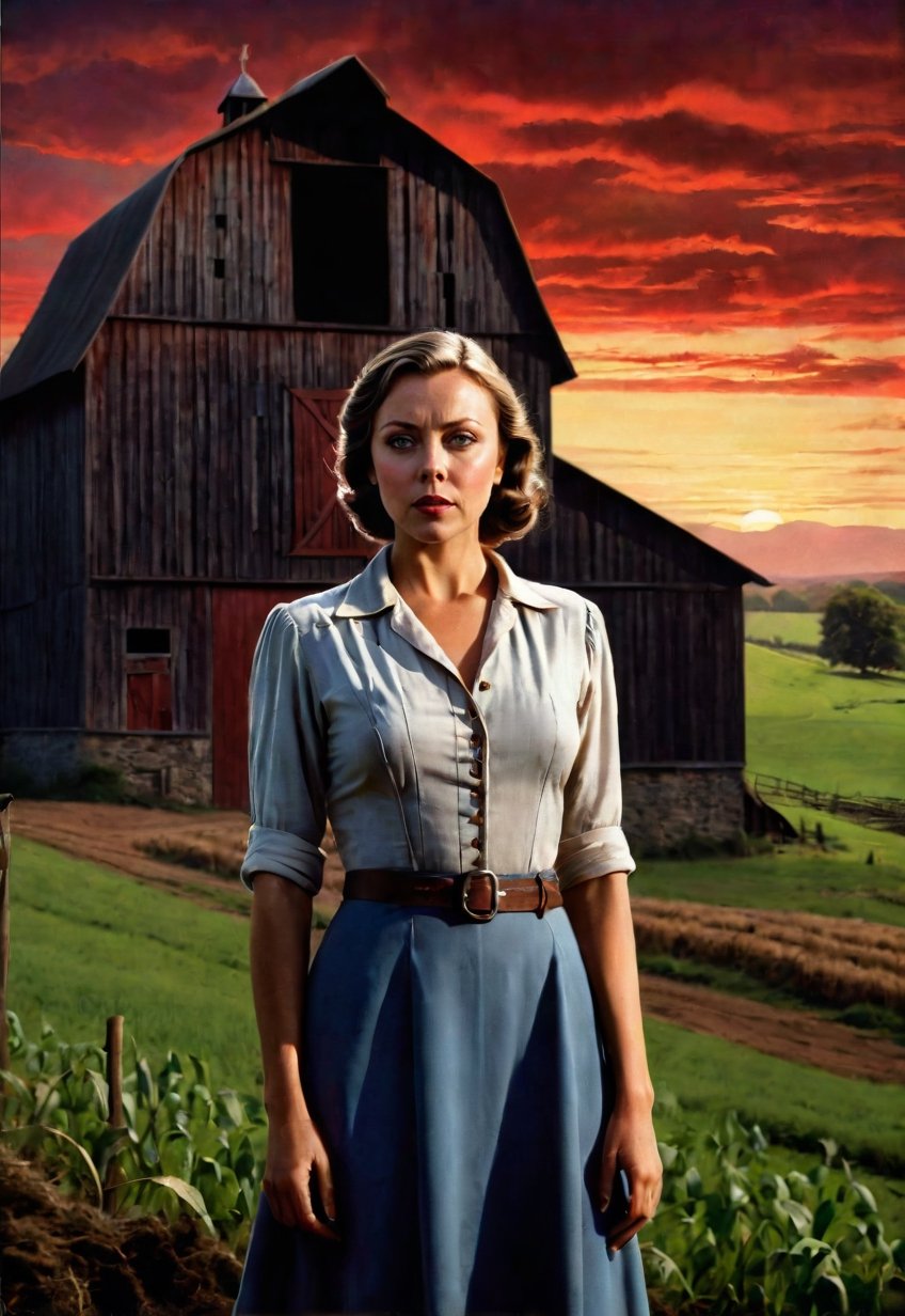 1930s,  a Jenny Agutter stands on a farm site with a creepy barn (in full view of the landscape),  (highly detailed HD) by...