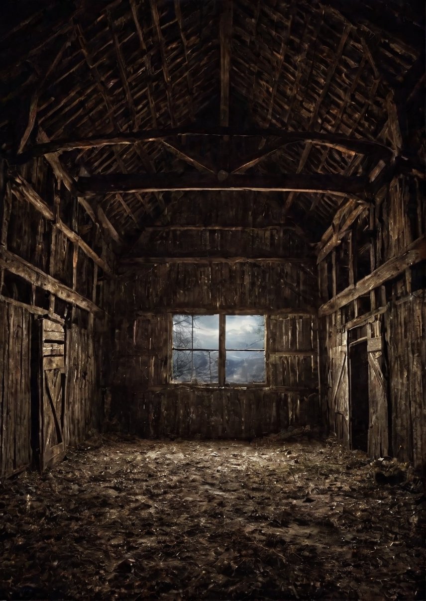 Landscape,  creepy and closed small barn interior at night,  dramatic angles by Draqulore on Tensor.Art