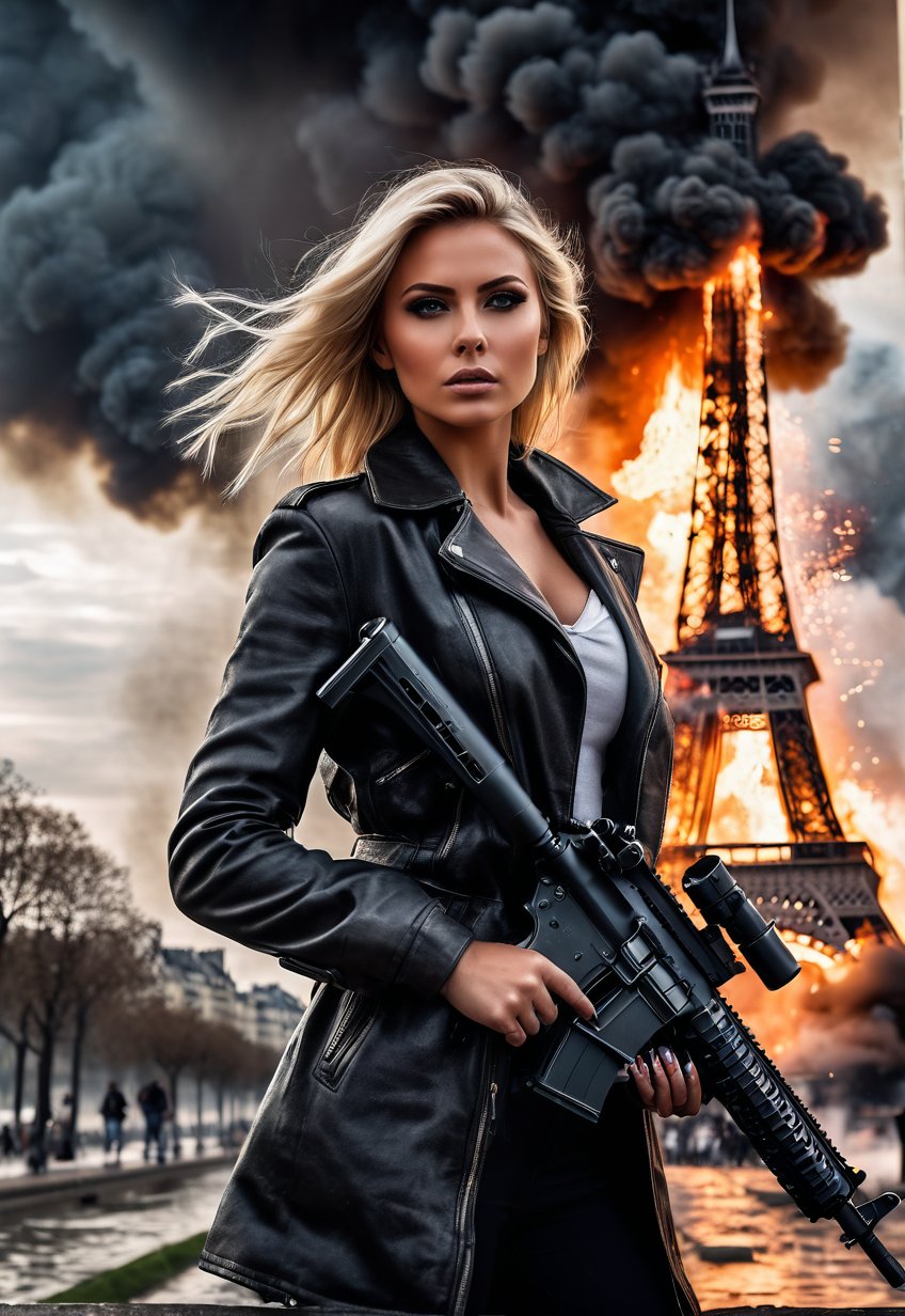 Beautiful American blonde woman with machine gun in hand in front of the burning and exploding Eiffel Tower in France,  om...
