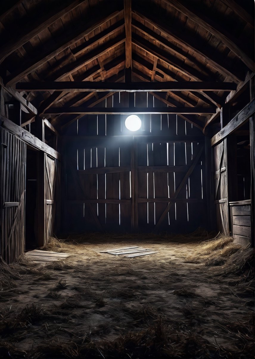 Landscape,  creepy and closed small barn interior at night,  dramatic angles by Draqulore on Tensor.Art