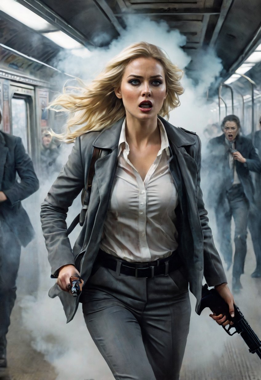 Complex horror film,  Beautiful blonde agent woman running with a gun on the American subway,  Thick smoke by Draqulore on...