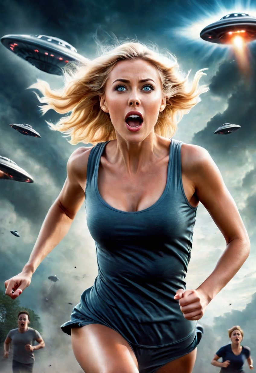 30 year old beautiful blonde British woman running away from being chased by a UFO,  eyes and mouth wide open in fear,  un...