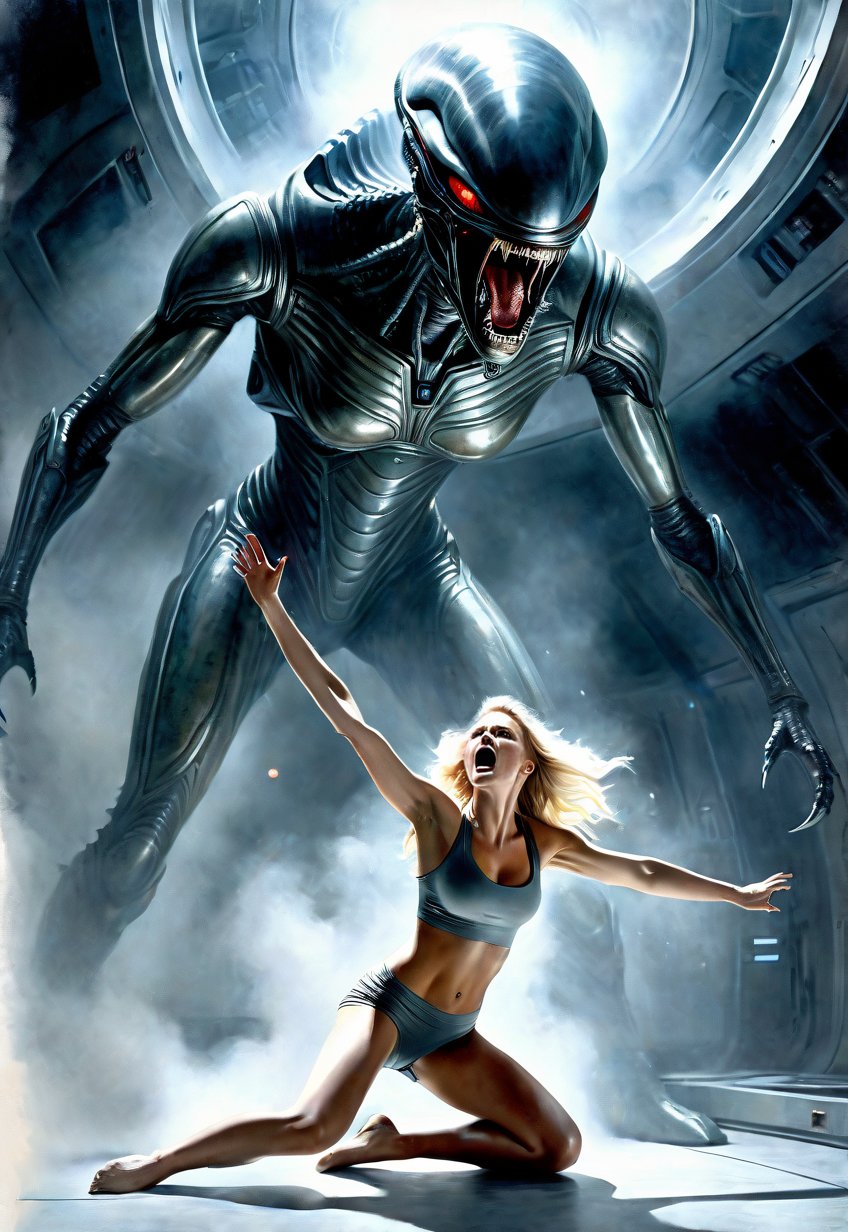 Complex sci-fi horror film,  (full body angle),  beautiful blonde American woman attacked by creepy alien in a spaceship b...