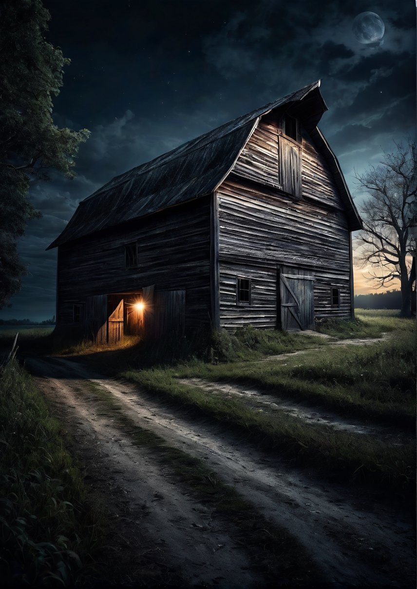 Landscape,  creepy and closed small barn at night,  dramatic angles by Draqulore on Tensor.Art