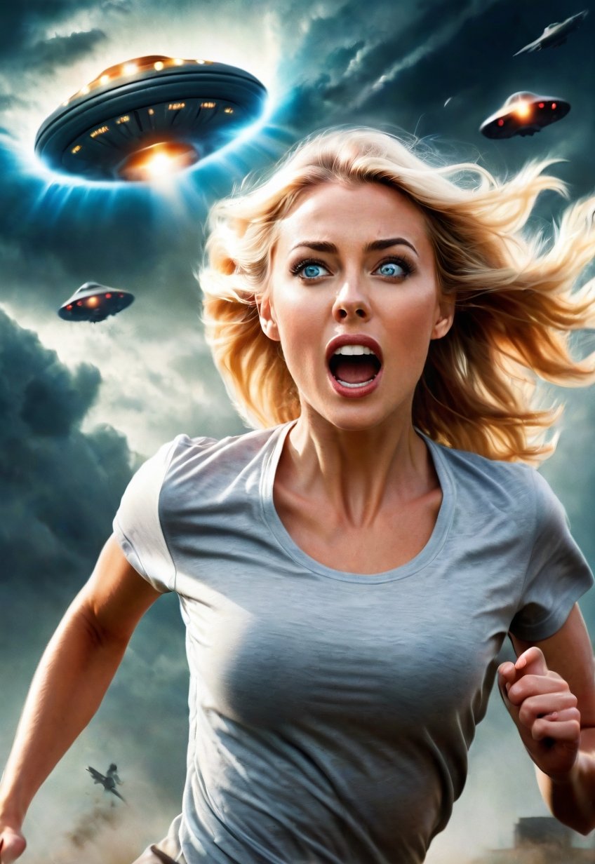 30 year old beautiful blonde British woman running away from being chased by a UFO,  eyes and mouth wide open in fear,  un...