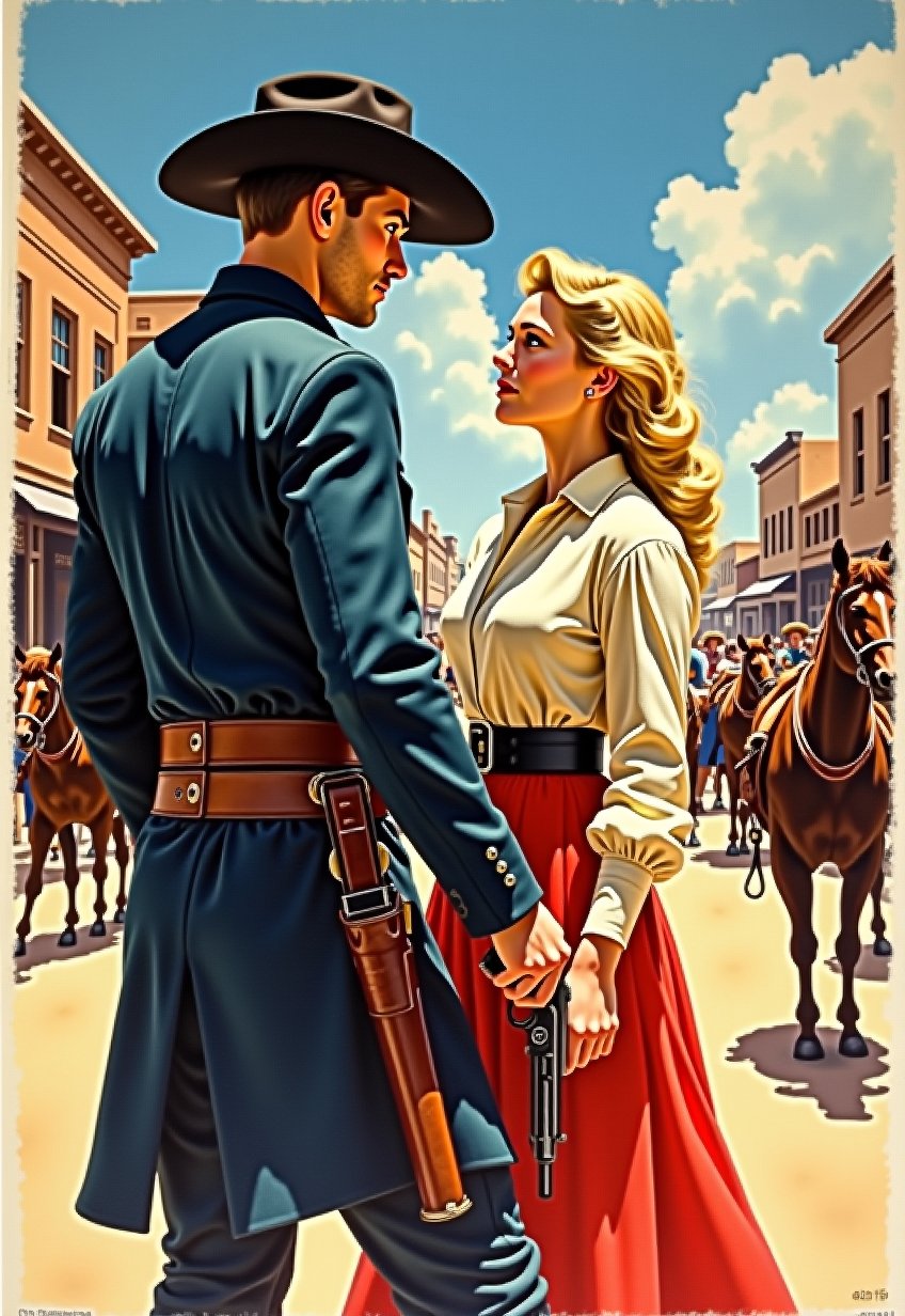 Old, Vintage: 1.2), (Western Movie Poster: 1.3), (((Big Title, Alice and the Seven Gunfighters, Subtitles: 1.3))), (Britt Lind: 1.3), A story of a woman living bravely in the West, Complex Western, beautiful American blonde beauty and black-clad gunman standing with pistols, duel scene, dramatic movement, crowd watching duel, town square, atmosphere, cinematography, photography, pencil, watercolor, bright, rich colors, Gabriele Dello, Charles Victor Tillion, Karl Eugen Kiel, Carl Lundgren, pencil drawing, ((full body angle))