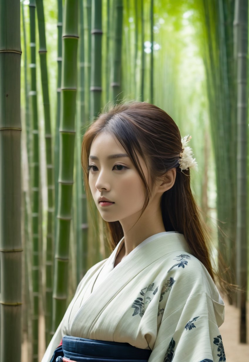 One young Japanese woman, award-winning beautiful face, long hair blowing in the wind, charming, neat kimono, calm posture, 8k, raw, high resolution, masterpiece, dslr, hdr, background of Japanese bamboo forest with temple, film still, movie still, cinematic, movie still