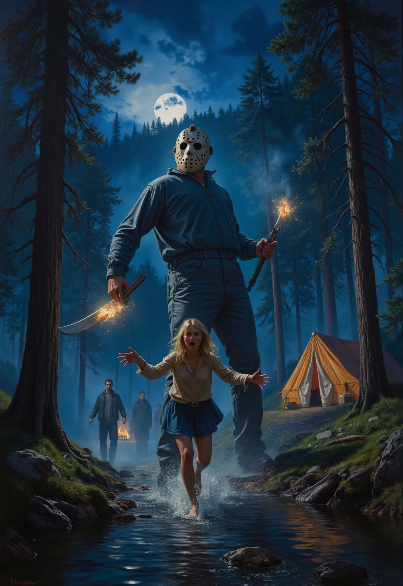 (vintage horror movie),  Friday the 13th,  ((hockey masked machete killer Jason Voorhees chases a blonde girl screaming in...