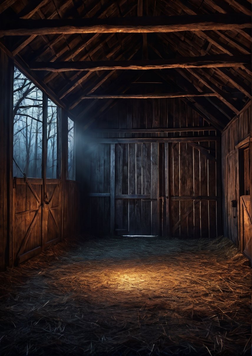Landscape,  creepy and closed small barn interior at night,  dramatic angles by Draqulore on Tensor.Art