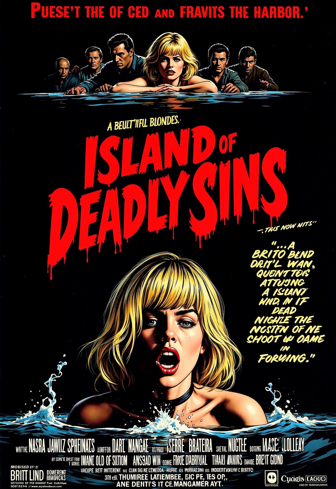 (Action Movie Poster: 1.3), (Big Title, Island of Deadly Sins, Subtitles: 1.3), (Britt Lind: 1.3), (Britt Lind, a beautiful blonde woman, encounters a group of men attacking a frightened woman at night in the island's harbor, and Brit shoots them dead with a handgun: 1.2), (Creepy, Shadow, Gloomy, Dark Atmosphere: 1.1),illustrated