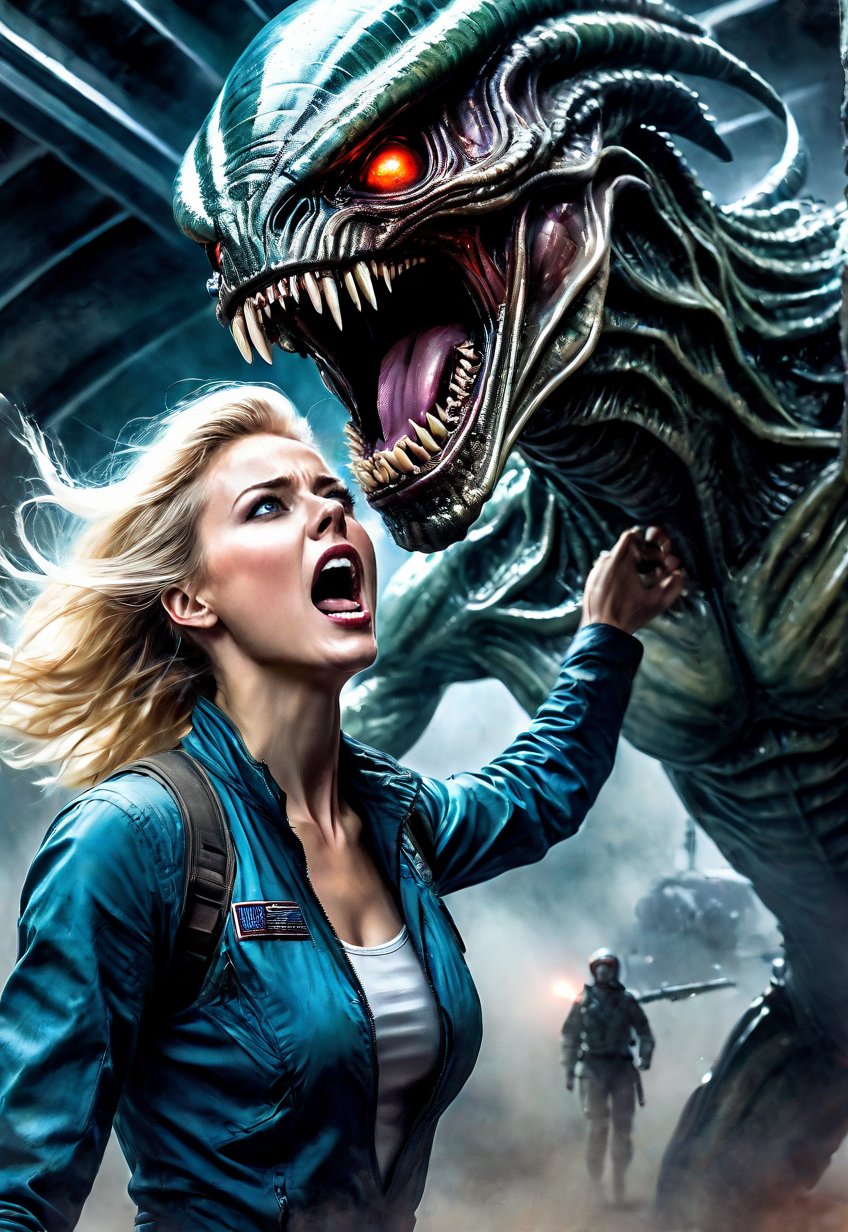 Complex sci-fi horror film,  Beautiful blonde American woman is attacked by creepy alien monster inside a planetary base,...