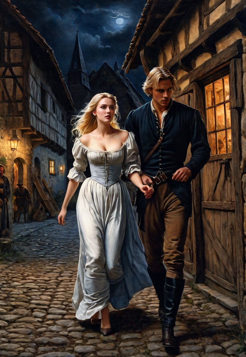 medieval europe,  in a nighttime street,  a beautiful blonde English woman talking a man by Draqulore on Tensor.Art