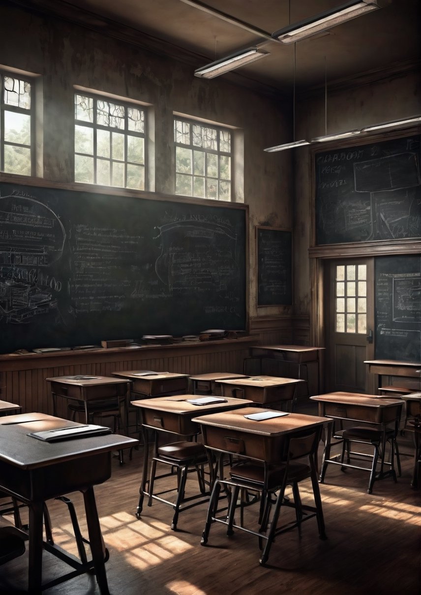 Landscape,  creepy high school classroom interior,  blackboard in front by Draqulore on Tensor.Art