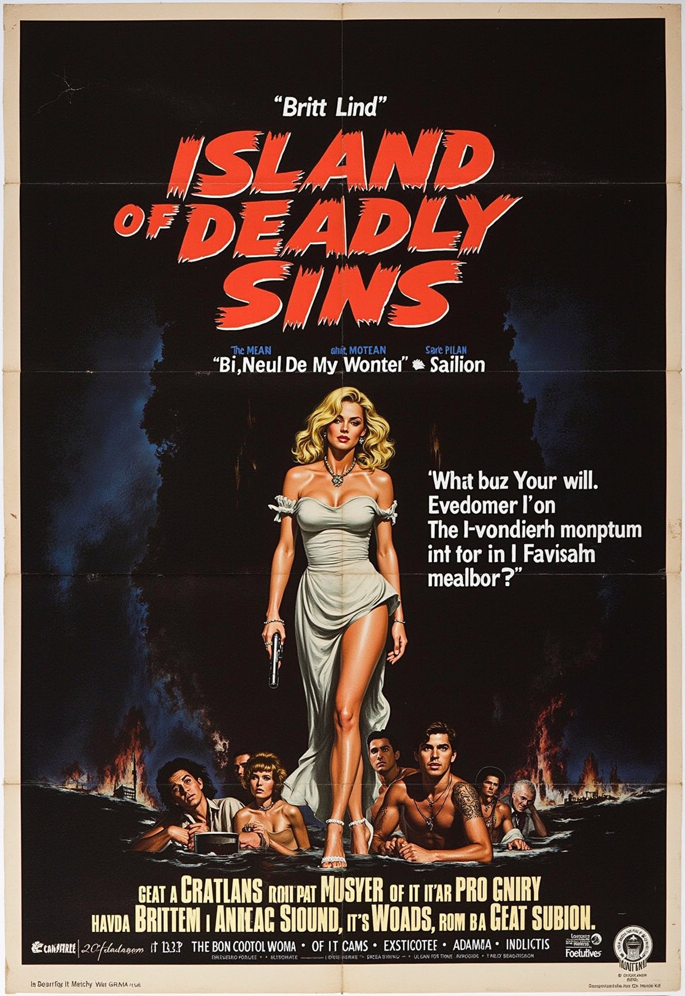 Old, Vintage: 1.2), (Action Movie Poster: 1.3), (Big Title, Island of Deadly Sins, Subtitles: 1.3), (Britt Lind: 1.3), (Britt Lind, a beautiful blonde woman, encounters a group of men attacking a frightened woman at night in the island's harbor, and Brit shoots them dead with a handgun: 1.2), (Creepy, Shadow, Gloomy, Dark Atmosphere: 1.1)