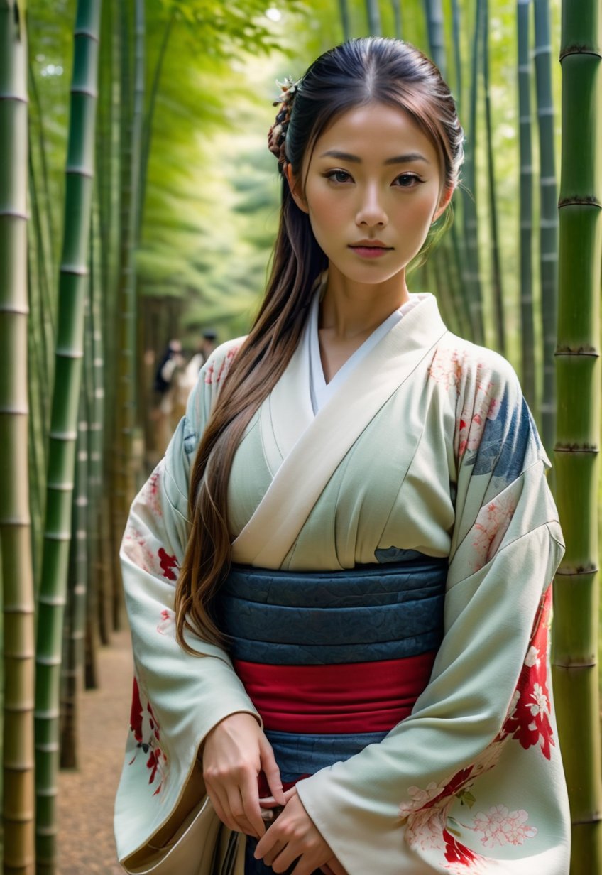 One young Japanese woman, award-winning beautiful face, long hair flowing in the wind, attractive and beautiful kimono, calm posture, 8k, raw, high resolution, masterpiece, dslr, hdr, japanese bamboo forest background, film still, movie still, cinematic, movie still