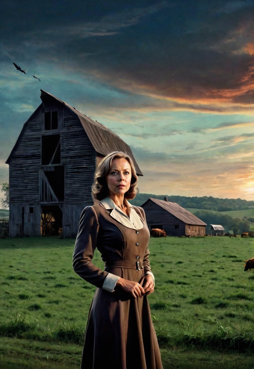 1930s,  a Jenny Agutter stands on a farm site with a creepy barn (in full view of the landscape),  (highly detailed HD) by...